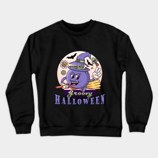 Groovy Halloween. Retro cartoon cauldron with broom flying peacefully Crewneck Sweatshirt